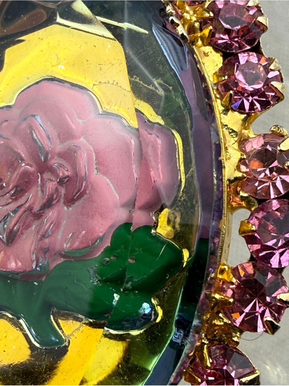 VINTAGE JULIANA RHINESTONE ROSE AZALEA INTAGLIO REVERSE CARVED PIN BROOCH 60/70s - Picture 6 of 7